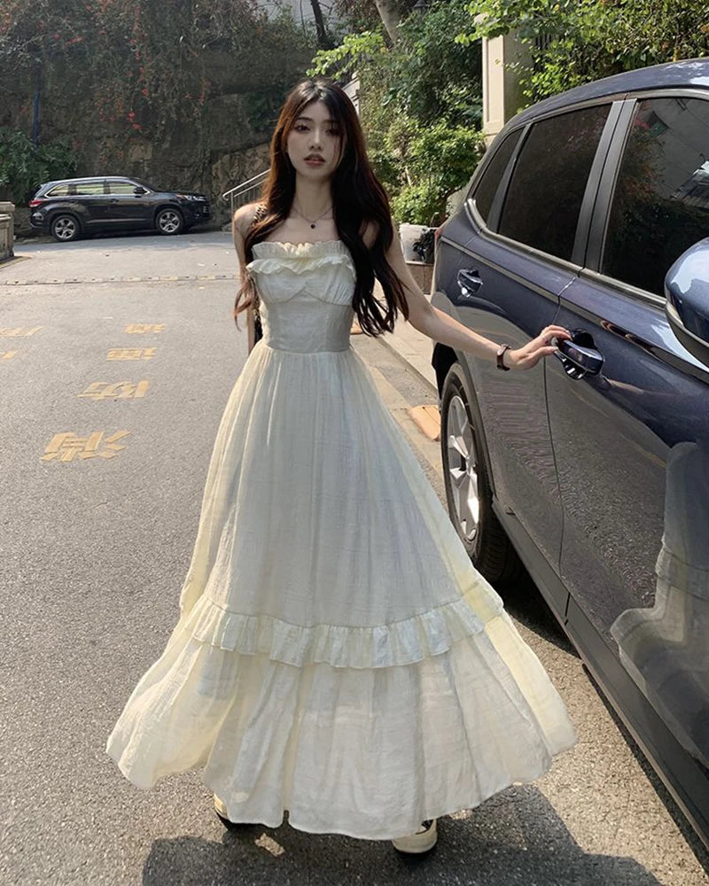 Vintage Ruffle Dress Women Korean Solid Sweet Elegant Preppy Midi Dress Summer Casual Sleeveless Spaghetti Straps A Line Dress voguable