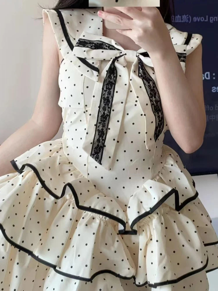 Elegant Bow Women Dress Summer Preppy Style Sweet Print Dot Ladies Mini Dress Party Night Vestidos New voguable
