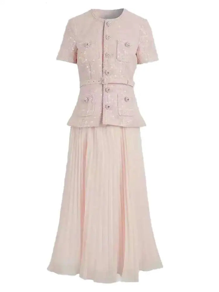 Women's Elegant 2 Pcs Set O Neck Short Sleeve Sequins Tweed Belt Coat High Waist Pleated Skirts Sets 2025 New Autumn voguable