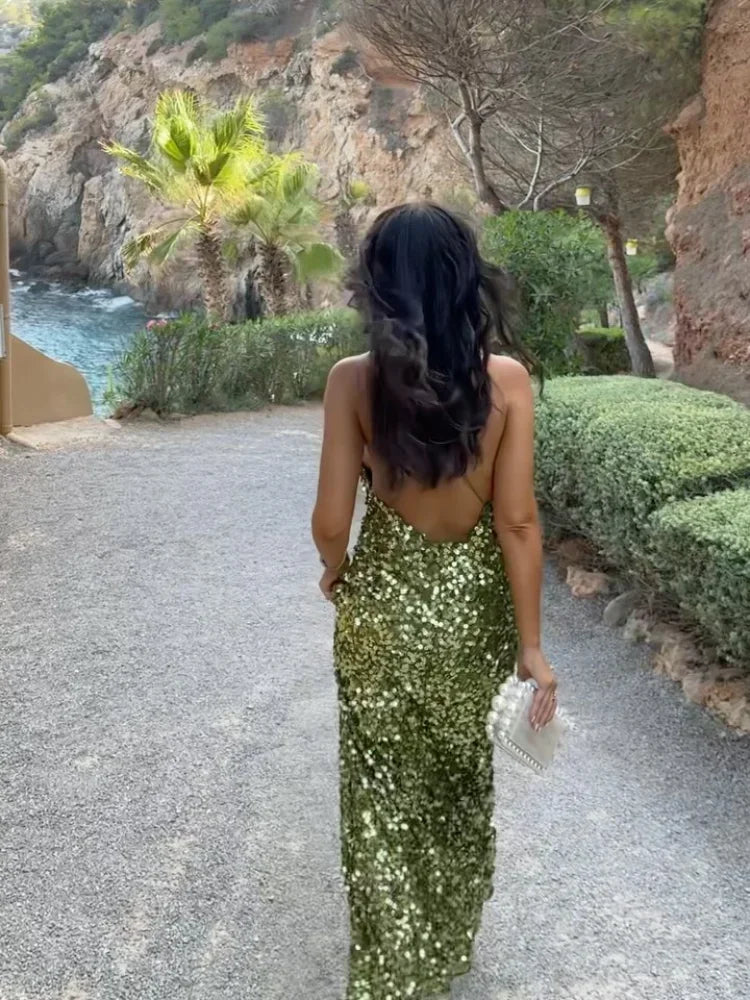Women's Green Sequin Backless Sling Dress Sexy Sleeveless Off Shoulder Slim Vestidos Elegant Female Evening Party Long Robes voguable