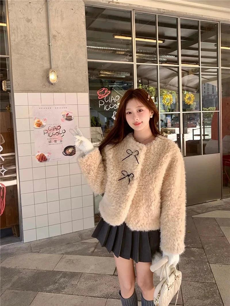Cute Bow Faux Lamb Coat Women Sweet Winter Long Sleeve O Neck Jacket Slim Warm Korean Female Fashion Preppy Style Outwear Tops voguable
