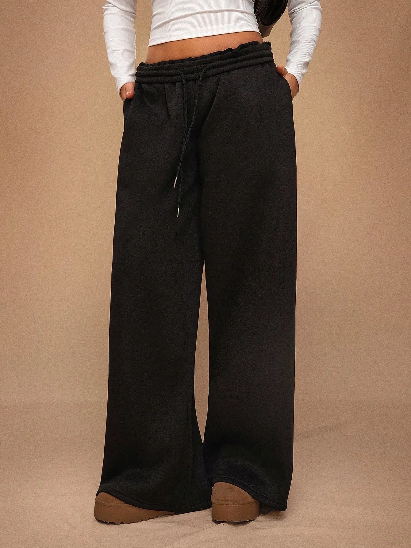 Voguable  High Waisted Drawstring Solid Color Loose Fit Women's Wide Leg Pant Autumn and Winter New Simple Straight Leg Pants Fashion voguable