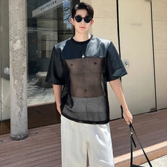 Voguable  Hollow Out Mesh Splicing Design T-shirt Short Sleeve Men's 2024 Summer Street High Quality Solid Color Trendy Tops voguable
