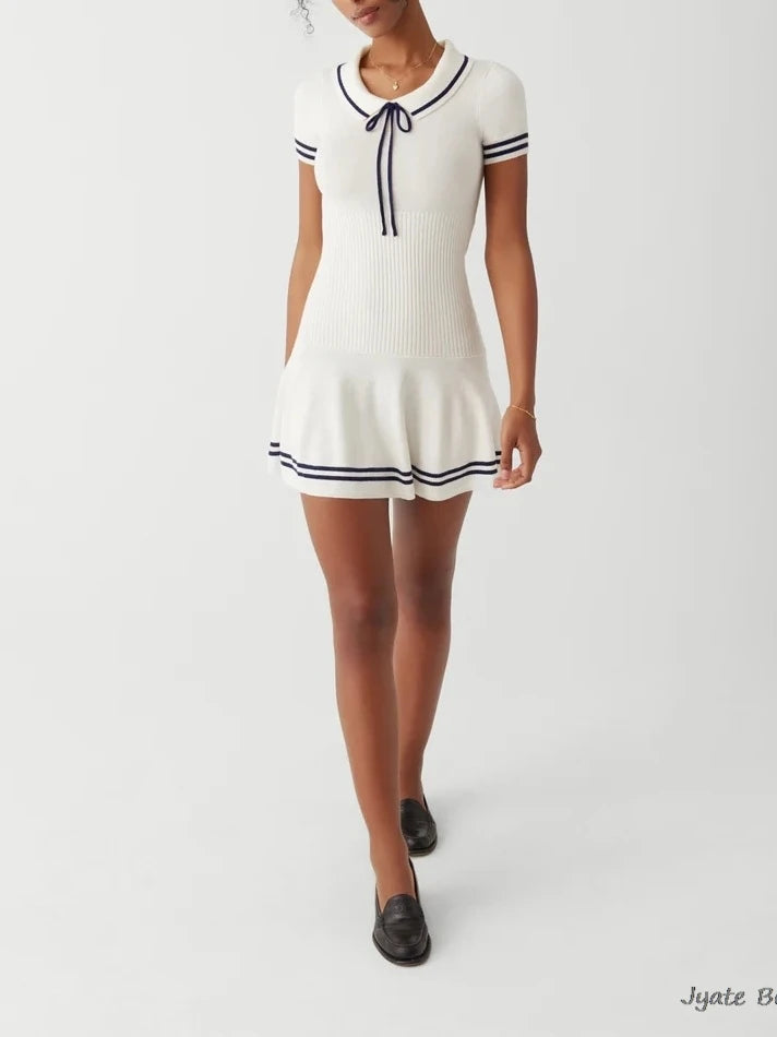 Lapel Lace-up Knit Short Dress 2024 New Fashion Casual A-line Mini Dress For Women Academic Style Pleat Summer Female Vestidos voguable