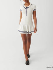 Lapel Lace-up Knit Short Dress 2024 New Fashion Casual A-line Mini Dress For Women Academic Style Pleat Summer Female Vestidos voguable