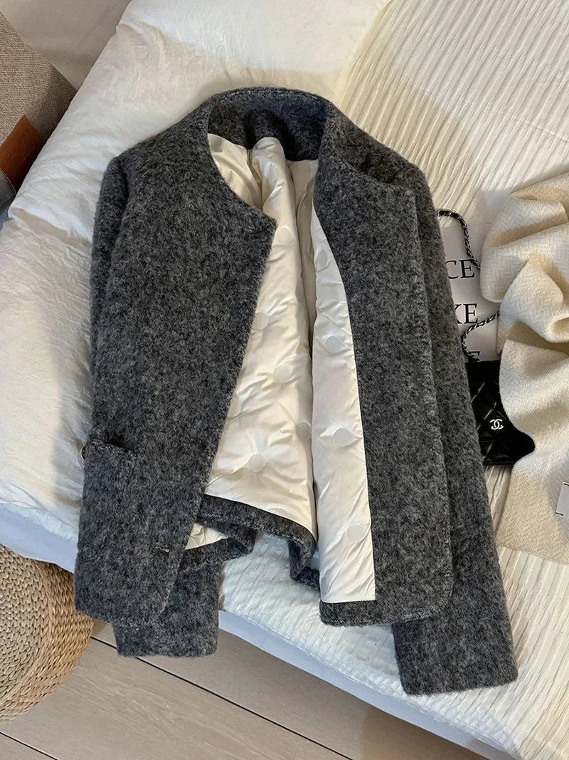 Winter Faux Woolen Gray Coat Women Vintage Thick Warm Long Sleeve Slim Jacket Casual O Neck Female Korean Elegant Retro Top voguable