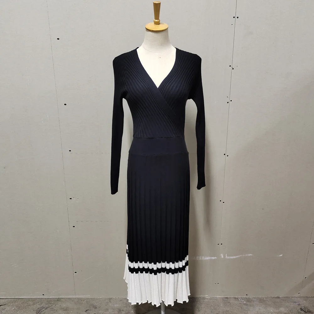 Women Spring And Autumn Solid Color Casual Pleated Mid-length Knitted Dress Fashion Long Sleeve O-neck Robe A-line Slim Vestidos voguable
