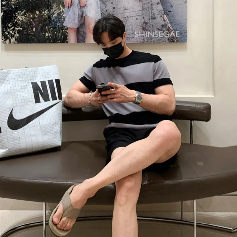 Men's Luxury Knitted Texture Striped T Shirt Casual Streetwear O Neck Button Short-Sleeved Tees Fashion Leisure Knitwear voguable