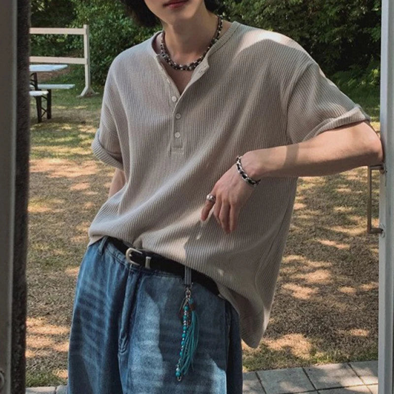 New Fashion Korean Style Men T-shirt Light Luxury Henry Collar Tops Casual Loose High Quality Solid Color Half Sleeve Tees M-2XL voguable