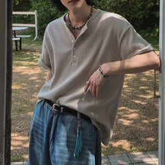 New Fashion Korean Style Men T-shirt Light Luxury Henry Collar Tops Casual Loose High Quality Solid Color Half Sleeve Tees M-2XL voguable