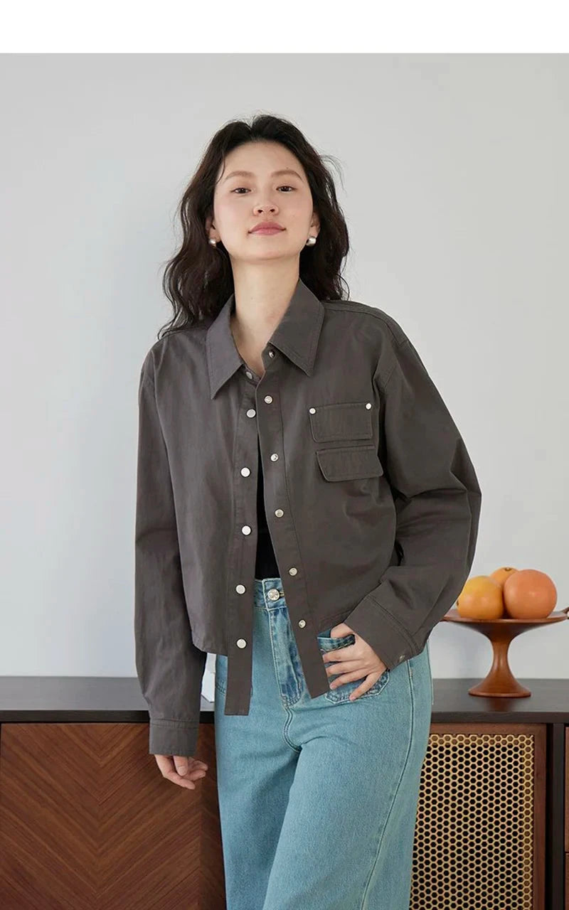 American Y2K Cargo Jacket Women Fall Casual Long Sleeve Vintage Short Coat Harajuku Turn Down Collar New Solid Hip Hop Tops voguable