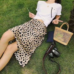 Retro High Waist Leopard Print Satin Skirt like Silk Summer Women Elastic Waist Mid Long A-line Skirts Femme voguable