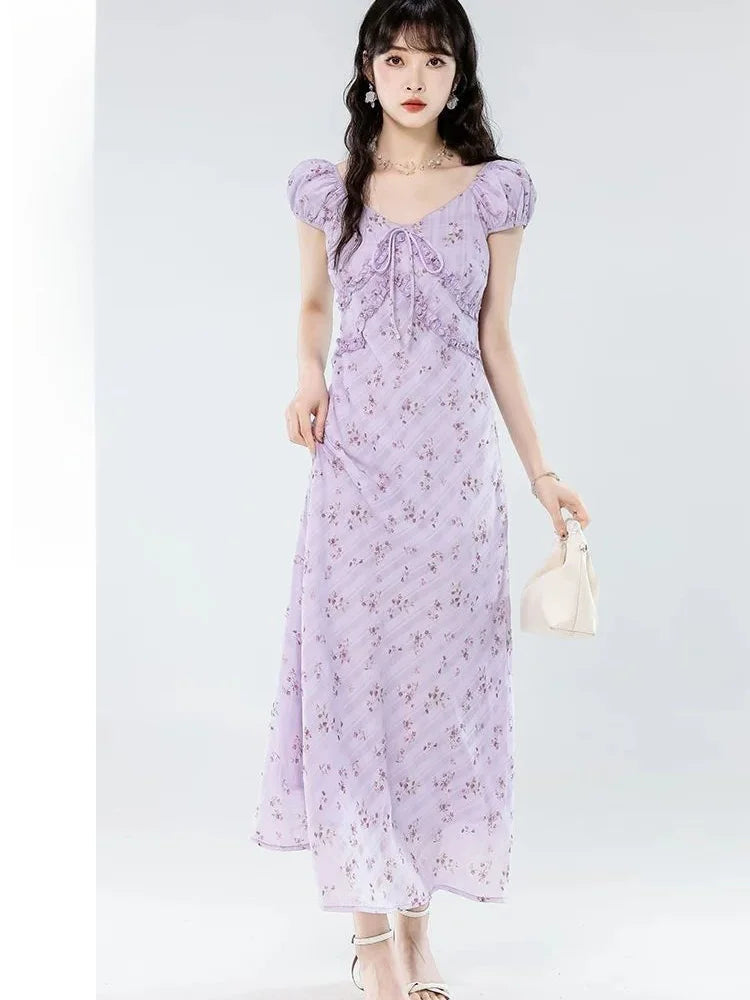 Floral Women Sweet Long Dress Elegant Vintage V Neck Slim Dress Casual Short Sleeve French Summer Retro Lady Vestidos New voguable