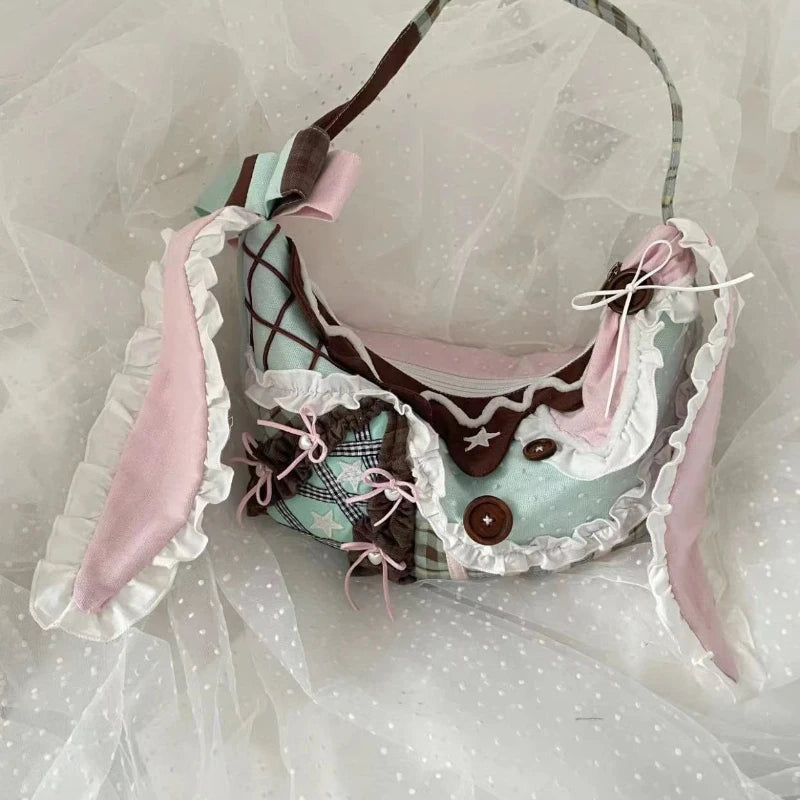 Harajuku Y2k Aesthetic Ins Underarm Bag Women Contrast Color Plaid Rabbit Ear Canvas Bag Grunge Patchwork Lace Shoulder Handbags voguable