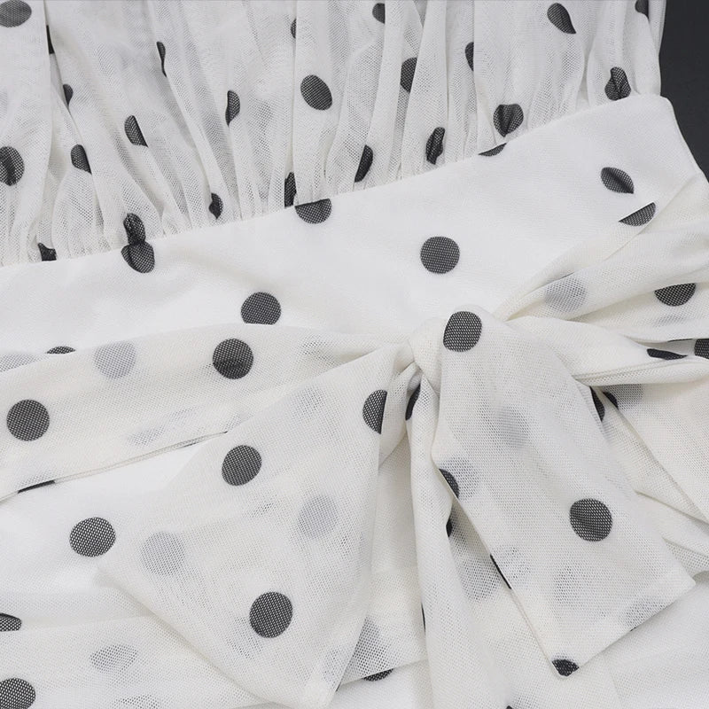 Voguable  Women's Vintage Polka Dot Chiffon Mesh Mini Dress Strapless Pleated Tie Up Bowkont Sheath Cute Girl Night Club Vestidos voguable