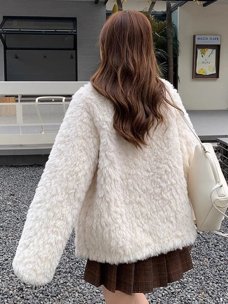 Winter Chic Faux Lamb Coat Women Korean Long Sleeve O Neck Fashion Jacket Sweet Warm Female Elegant All Match Solid Outwear Tops voguable