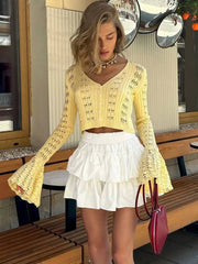 Knitwear Hollow Out Sweater Cardigan Women V-Neck Long Sleeve See-Through Cropped Top Summer Knit Patchwork Cardigan Top voguable