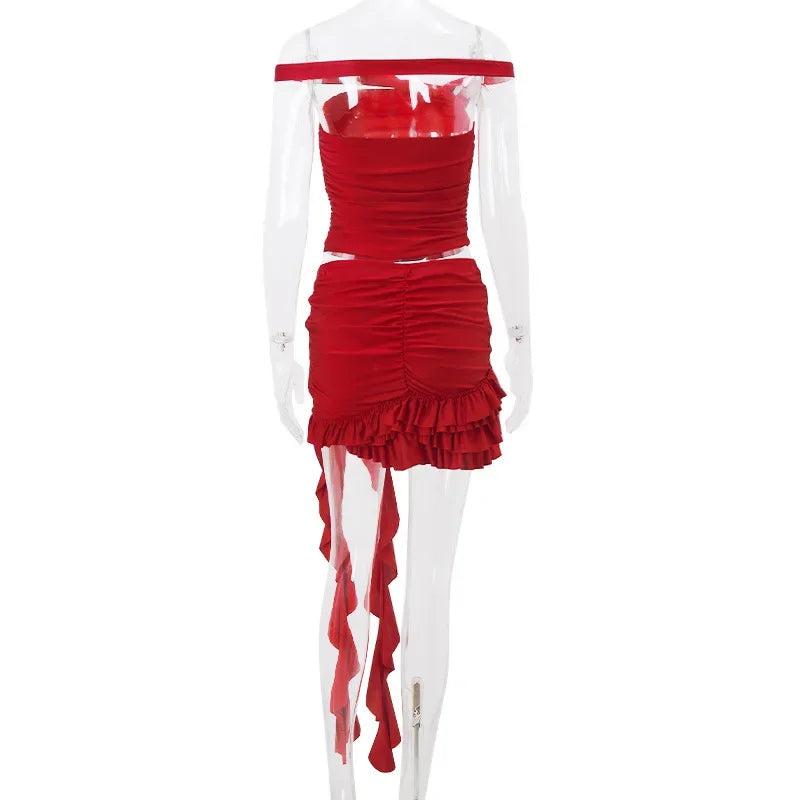 Voguable  Red 3D Flower Sexy Two Pieces Woman Cropped Tops and Tassel Ruffles Mini Skirts Matching Sets Summer Fashion Club Outfits voguable