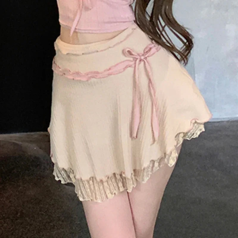Voguable 2024 Summer New Korean Contrast Color Lace Patchwork Pleated Casual Short-sleeved T-shirt Women + Sexy Slim Skirt Two-piece Suit voguable