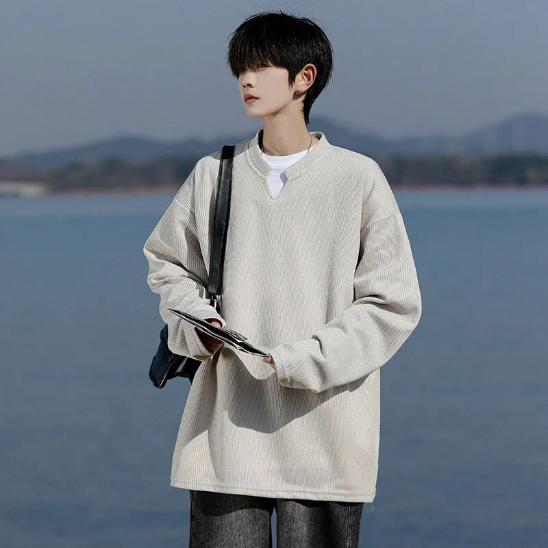 Long Sleeve V-Neck T-Shirt mens Solid Color Spring  Casual Basic Top  Plain Tee Shirt Breathable Comfort Stretch Soft plus size voguable