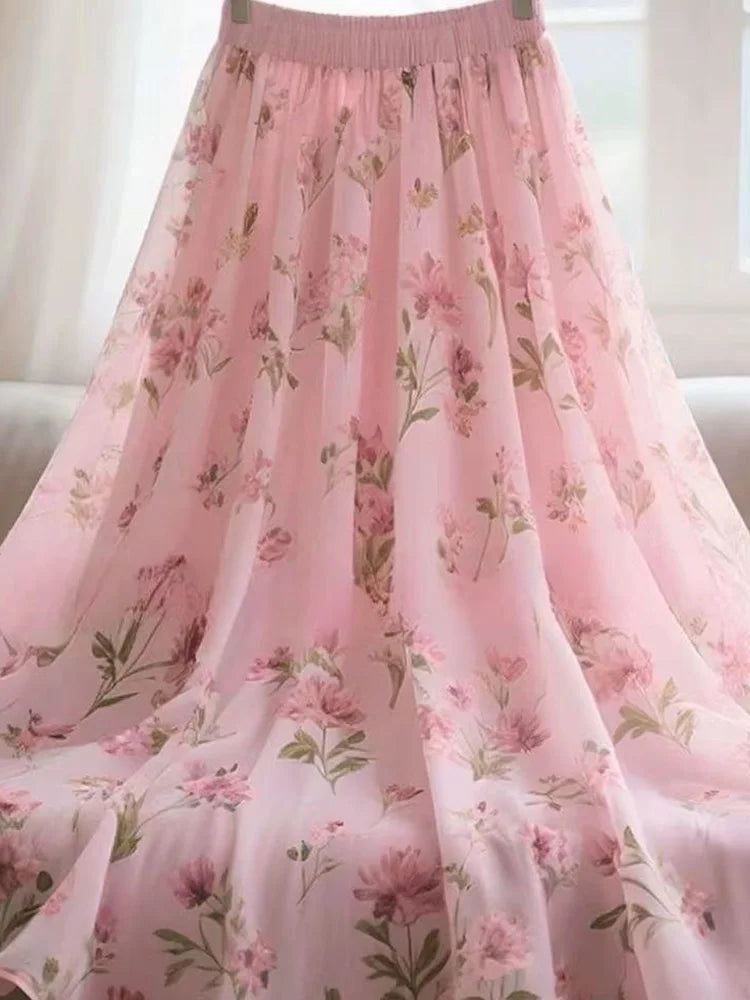 Chiffon Pink Floral Long Skirt Women Elegant Loose High Waist Chic Sweet Skirts Summer Casual Korean Fashion Long Skirts voguable