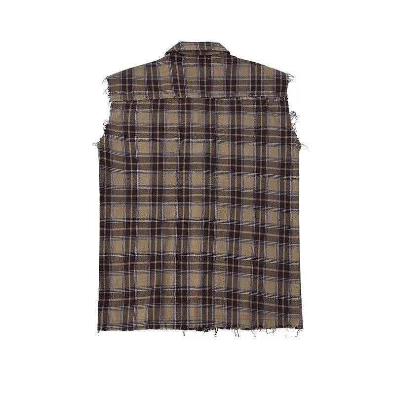 Voguable  American Hip-hop Retro Vintage Plaid Sleeveless Vest Men Women Korean Style Summer Trend Street Lapel Work Vest Jacket Aesthetic voguable