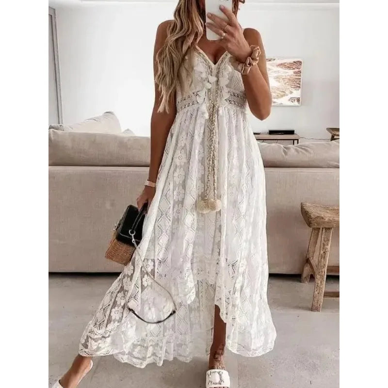 Voguable  Fashion Vacation Beach Solid Color V-neck Lace Irregular Long Lace Camisole Dresses Summer Casual Hollow Backless Women's Dress voguable