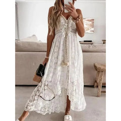 Voguable  Fashion Vacation Beach Solid Color V-neck Lace Irregular Long Lace Camisole Dresses Summer Casual Hollow Backless Women's Dress voguable