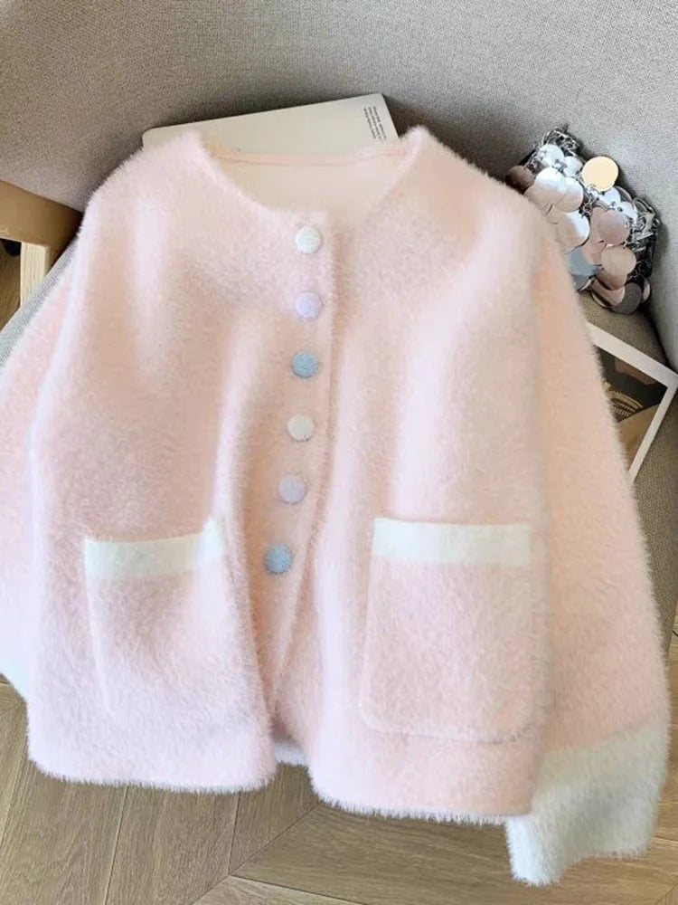 Faux Mink Cashmere Sweet Cardigan Women Long Sleeve O Neck Elegant Knitted Sweaters Korean Fall Winter Fashion Soft Pockets Tops voguable