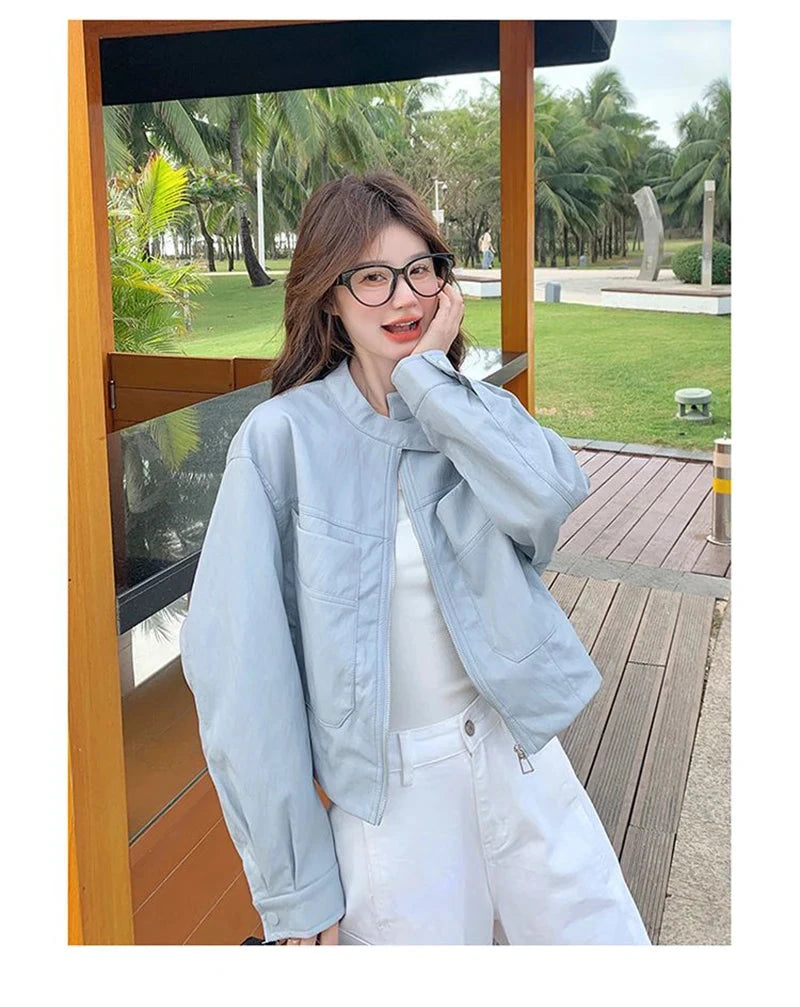 Sweet Biker Pu Jacket Women Vintage Preppy Style Big Pockets Short Coat Casual Korean Long Sleeve Retro O Neck Cute Tops voguable