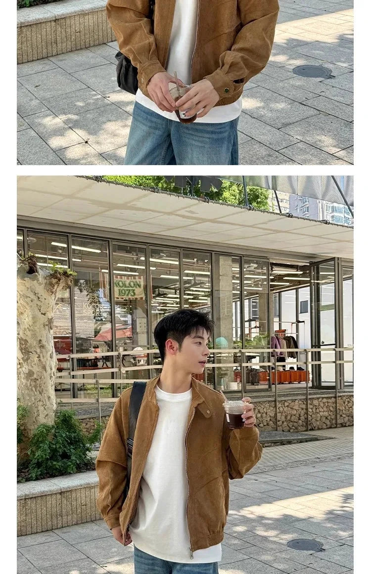 Khaki Cargos Stand Collar Jackets Men's Japanese Retro Streetwear Fashion Solid Color Zipper Long Sleeve Coats Autumn Clothing voguable