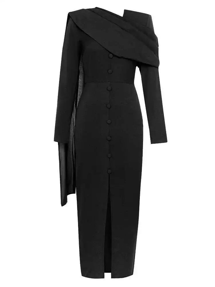 Solid Folds Slit Design Women's Long Dresses V Neck Long Sleeve Single Breasted High Waist Autumn 2025 New voguable