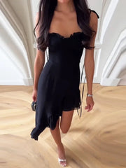 Spaghetti Strap Ruffle Sexy Midi Dress Women Gown Fashion Elegant Sleeveless Backless Irregular Club Party Long Dress voguable