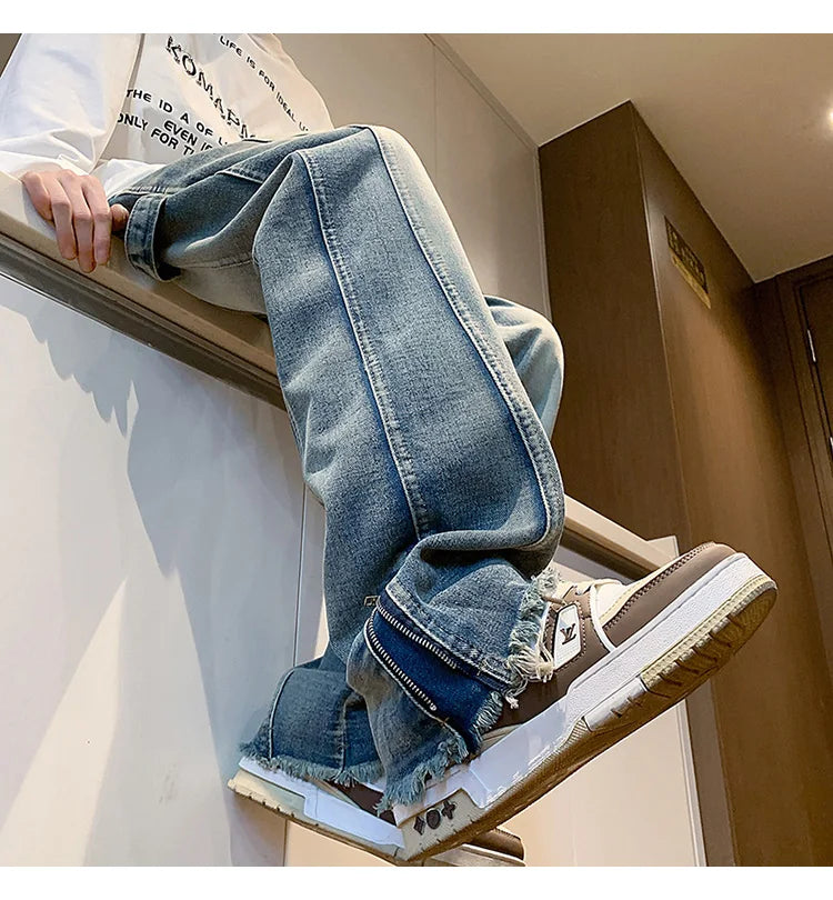 Autumn jeans men New Fashion Side Zipper Casual Jean Pants Men High Street Loose Straight Pant Mens Vintage All-match Trousers voguable