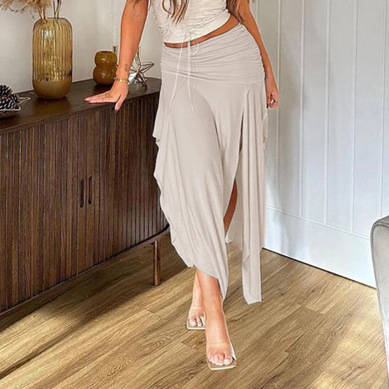 Folds Split Long Skirt Low Rise Loose A-line Midi Skirts For Women Casual y2k Fashion Ladies Holiday Outfits Harajuku 90s voguable