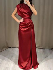 Voguable  Elegant High Waist Pleated Maxi Dress for Women Sleeveless Straight Satin LongCrew Neck Party Gown Solid Color Spring Summer voguable