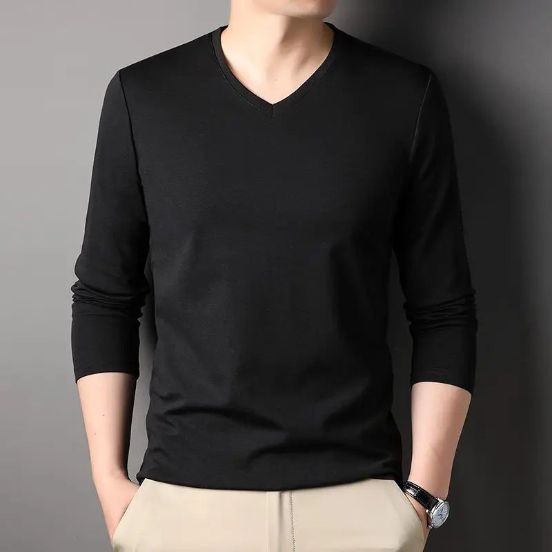 Voguable  Longsved Slimfit Mens Tshirt Casual Wear Base V Neck PU Leather Nine Sleeve Cleanfit Style Citywalk Suitable Tshirt voguable