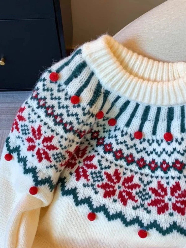 Sweet Print Christmas Red Sweater Women Cute O Neck Vintage Knitted Jumper Casual Korean Lady Fall Winter Preppy Style Loose Top voguable