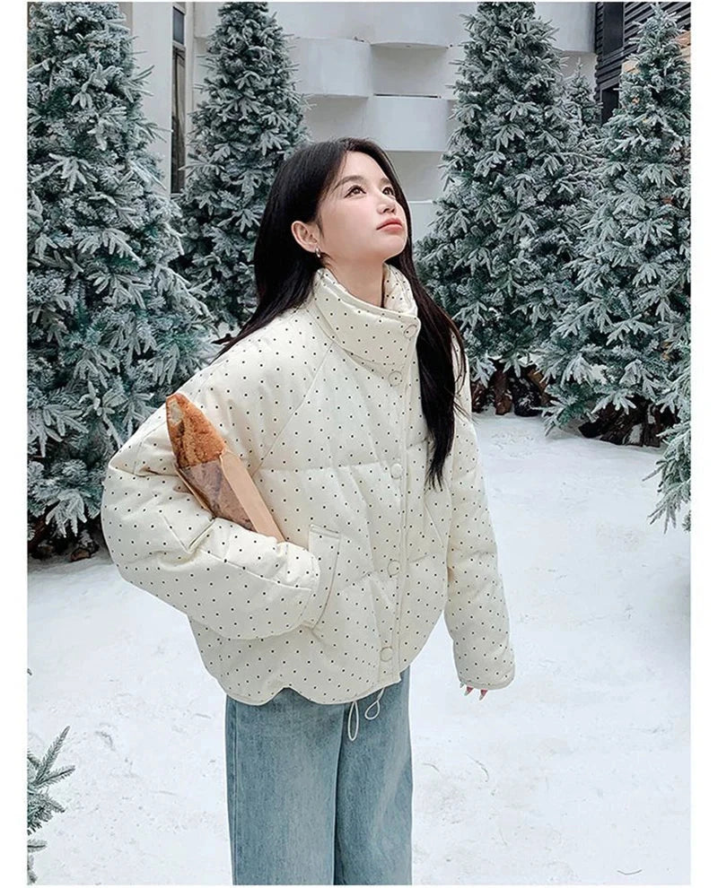 Dot Sweet Warm Parkas Women Long Sleeve Retro Winter Thick Cute Cotton Coat Casual Stand Collar Pockets Korean New Jacket voguable