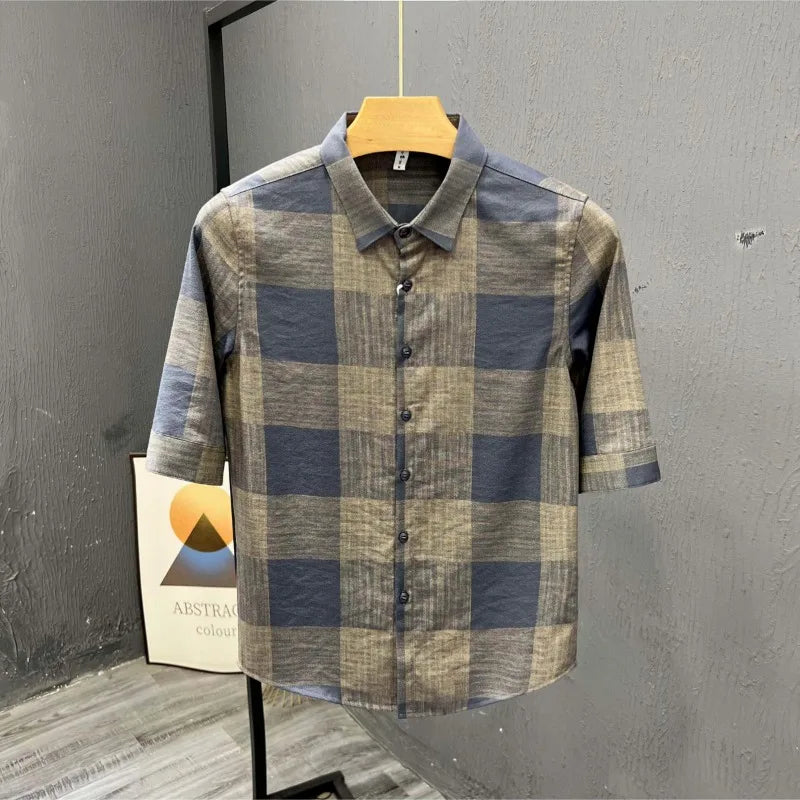 Voguable  Boyfriend Summer New Patchwork Square Collar Button Print Plaid Slim Fit Fashion Comfortable Casual Short Sleeved Shirts voguable
