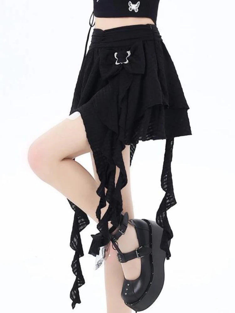 Voguable 2024 New Harajuku Women Skirt Chic A-line Korean Sweet Saia Bow Irregular Y2k Mini Skirts Ruffles Summer Jupe Fashion Clothing voguable