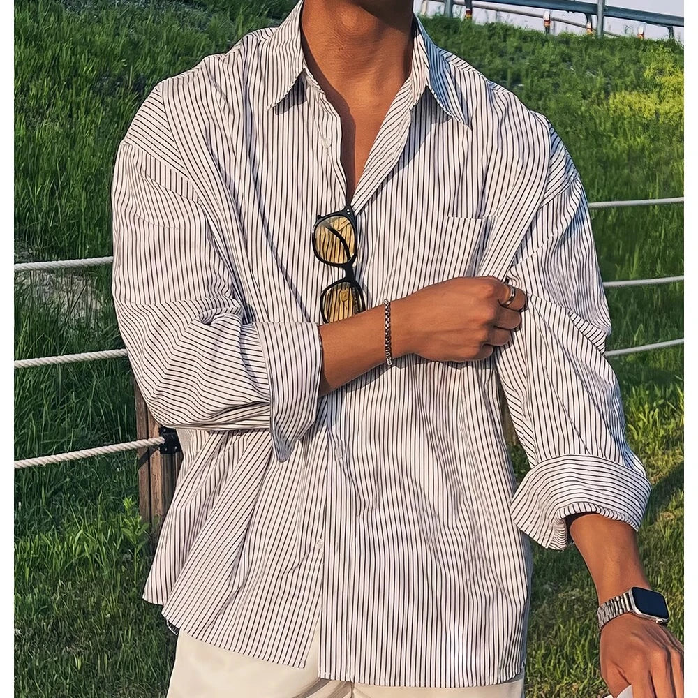 Voguable Men's Blue Vertical Striped Long-Sleeved Shirt, Korean Style High Quality Casual  Shirt Coat voguable