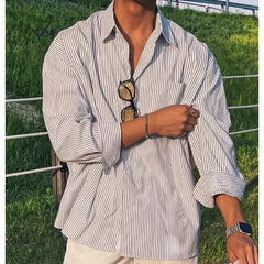 Voguable Men's Blue Vertical Striped Long-Sleeved Shirt, Korean Style High Quality Casual  Shirt Coat voguable