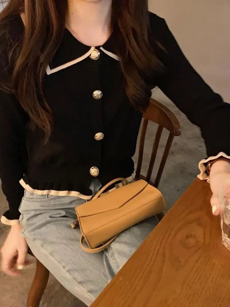 Ruffles Sweet Cardigan Sweaters Women Fashion Slim Long Sleeve Knitted Short Coat Elegant Patchwork Korean Lady Black Tops voguable