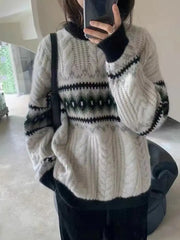 Pullovers Women Loose Vintage Jacquard Autumn Fashion O-neck Comfort Temper Sweater All-match Korean Style Casual Knitted Basic voguable