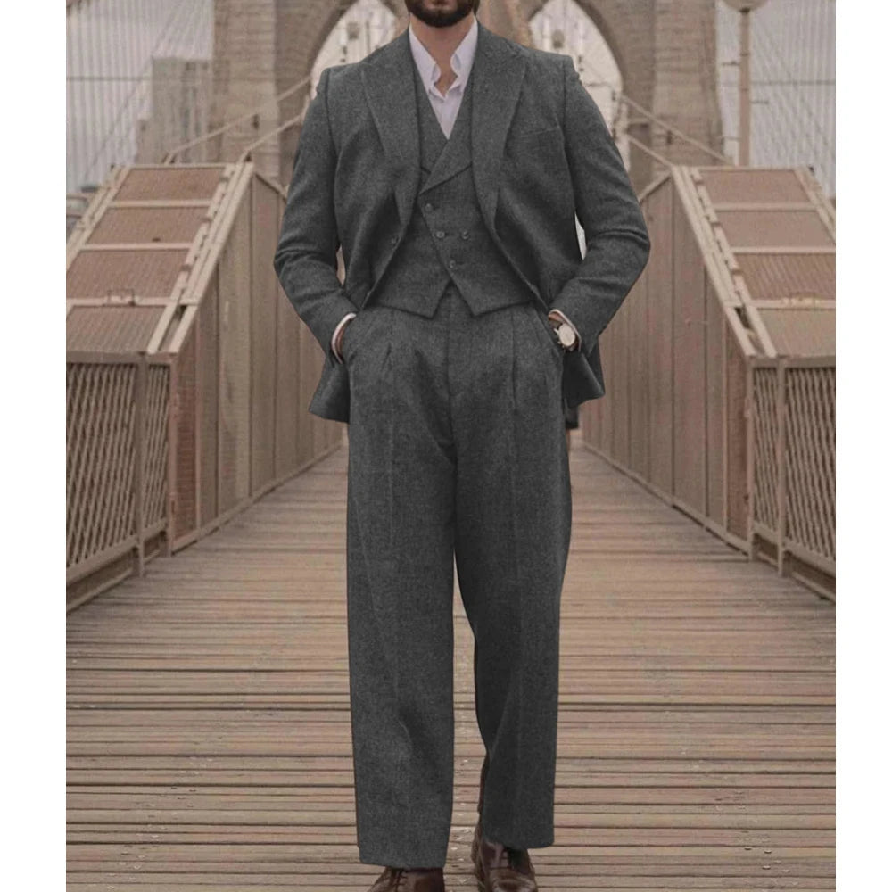 Voguable  Italian Vintage Wool Bblend Men's suit 3pc Set Suit Jacket Vest Pants High Quality Men's Wool Suit Set Sports Casual Suit Coat voguable
