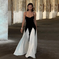Contrast Color Suspender Maxi Evening Dress Women's With Lining Sexy Backless Splice Sleeveless Long Party Dress Female voguable