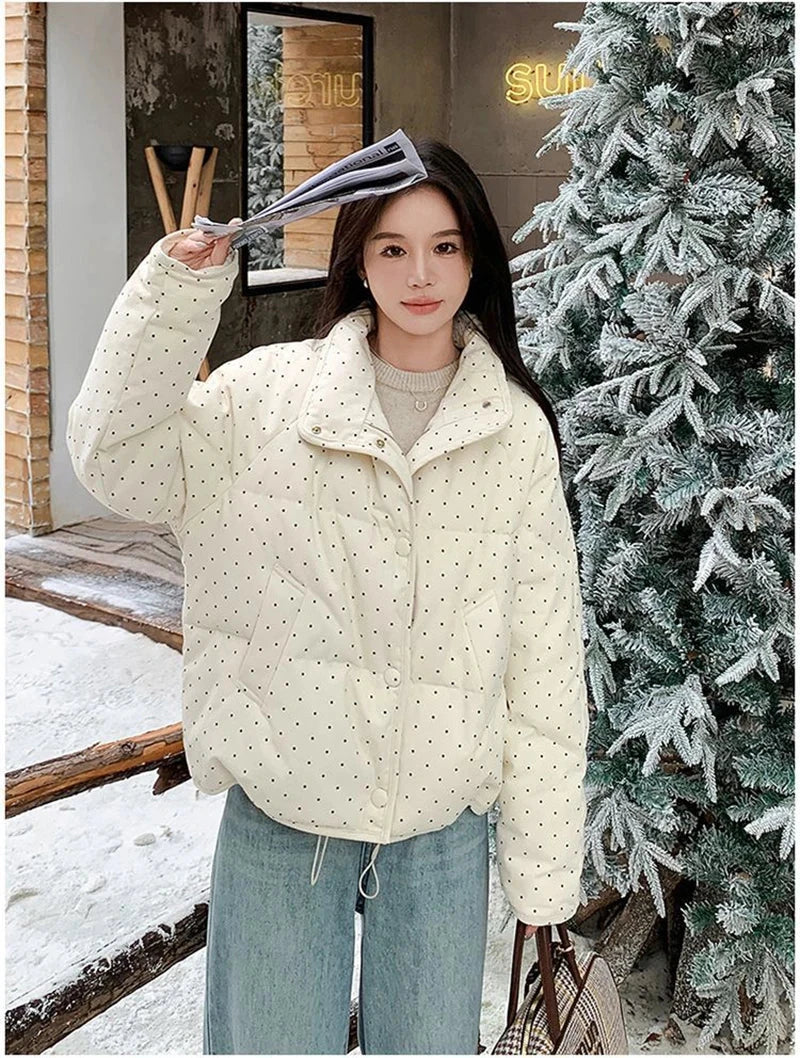Dot Sweet Warm Parkas Women Long Sleeve Retro Winter Thick Cute Cotton Coat Casual Stand Collar Pockets Korean New Jacket voguable