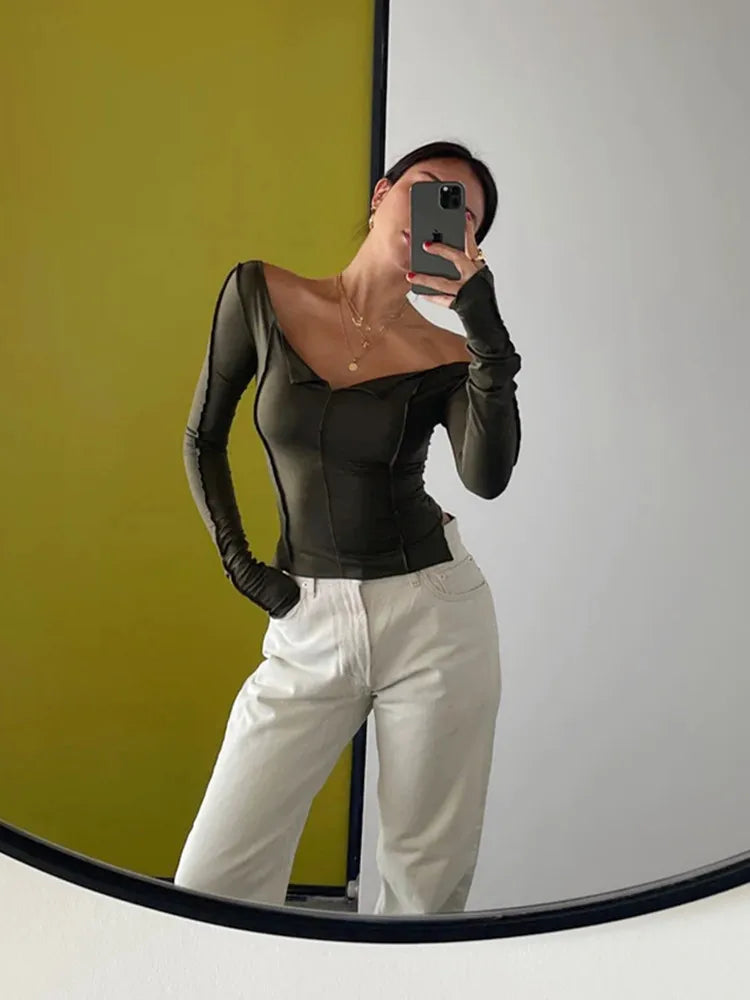 Women Autumn T-shirt Long Sleeve Boat Neck Spliced Slim Fit Shirts Solid Color Korean Fashion Kawaii Y2K Crop Tops Streetwear