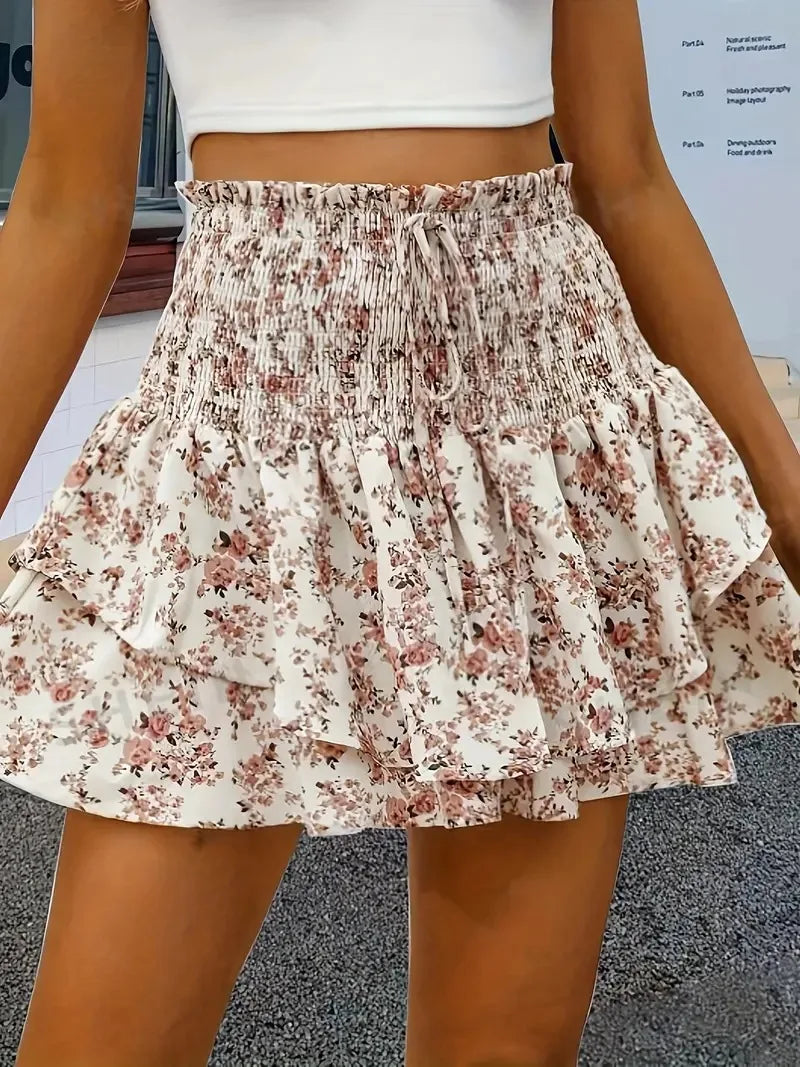 Voguable  Fashion Florals Mini Skirt for Women Summer Casual Waist Shaping Ruffled Hem Short Skirt Woman Drawstring Wide Leg Half Skirts voguable